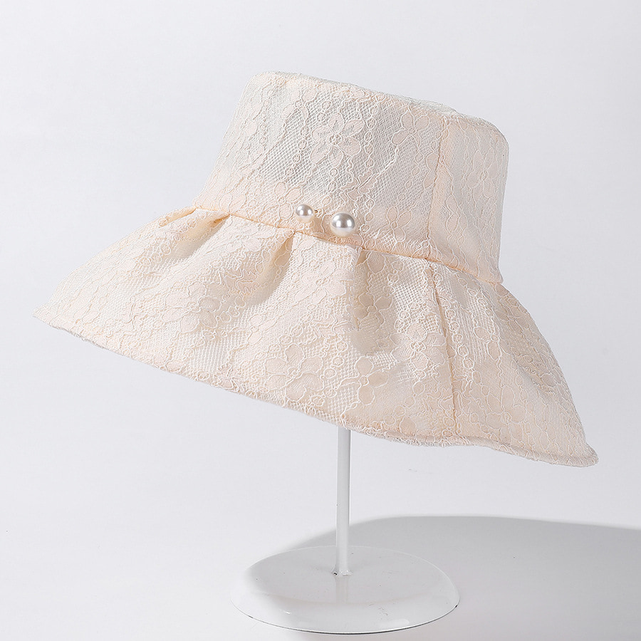 BK00036 Lace Pearl Summer Bucket Hat for kvinner
