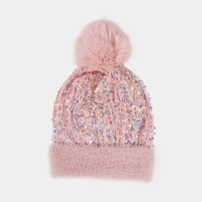 H00029 Paljetter Strikket Lue Med Avtagbar Pompom