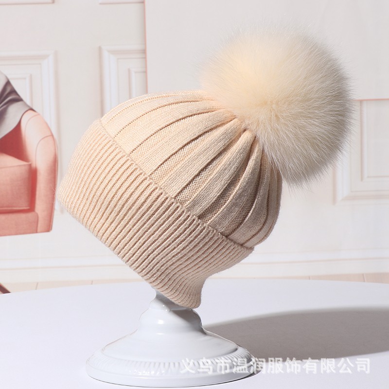 H00037 Tykk og tynn stripe kaninull strikket pomponglue