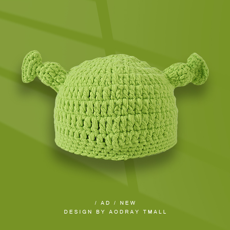 H00054 Grønn Shrek Pixie-mønster strikket lue for voksne