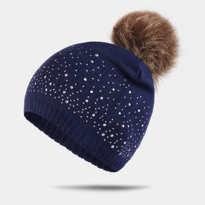 H00046 Pinstripe Furball Strikket Lue Med Rhinestones
