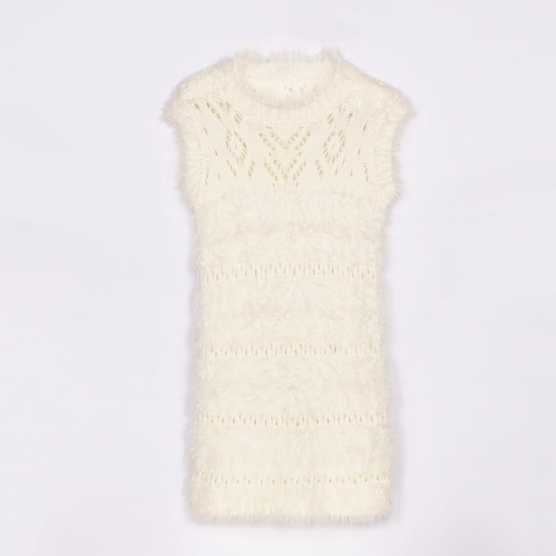 SM-K0043 Sommer Mohair ermeløs strikket kjole Fransk hulbunnskjole