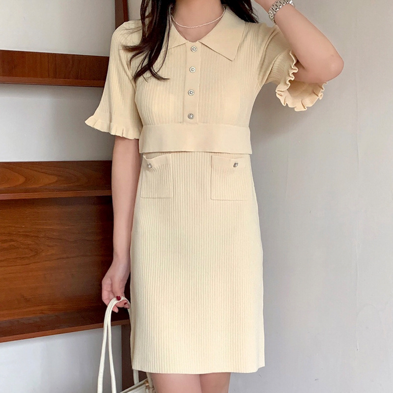 SM-K0027 Temperament Liten Duftskjorte Krage Flyvende Ermer Rett strikket kjole SM-K0027 Temperament Liten Duftskjorte Krage Flyvende Ermer Rett strikket kjole