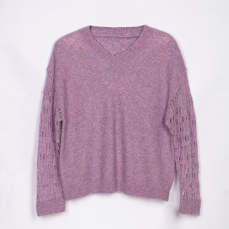 SM-K0040 V-hals beskåret paljettstrikket mohair-genser Super Fairy Cutout-ermer