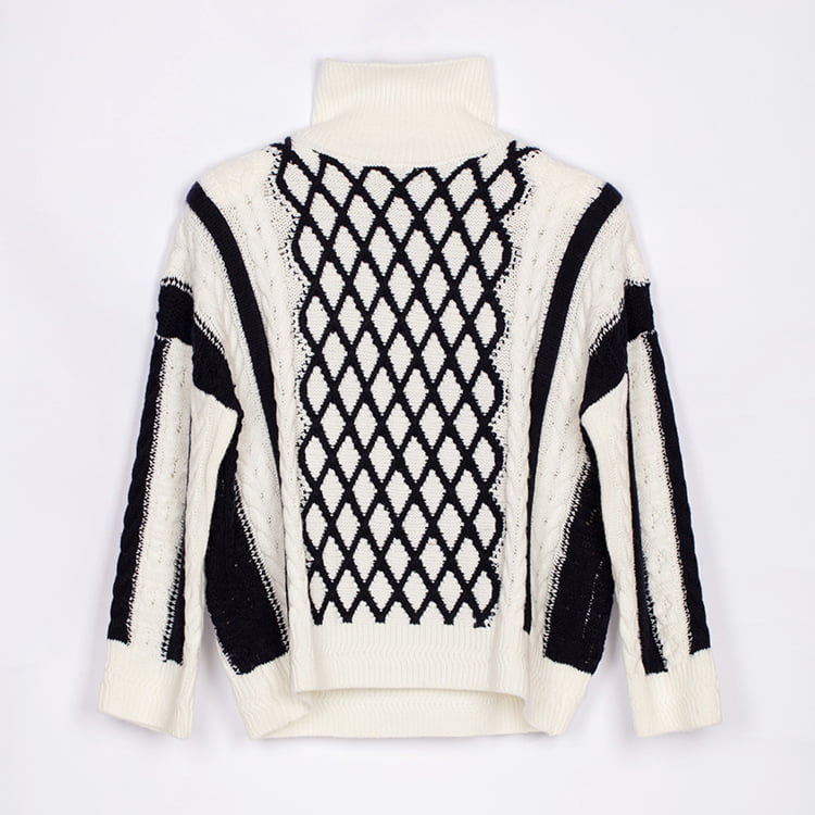 SM-K0045 Svart Hvit Twist Mohair Contrast Høyhalset tykk strikket genser