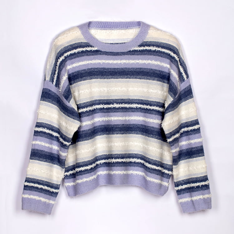 SM-K0047 Stripet Gradient Sweet Patchwork løs strikket genser med rund hals