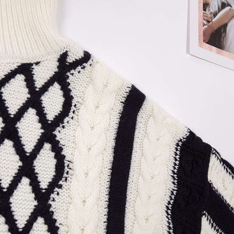 SM-K0045 Svart Hvit Twist Mohair Contrast Høyhalset tykk strikket genser SM-K0045 Svart Hvit Twist Mohair Contrast Høyhalset tykk strikket genser