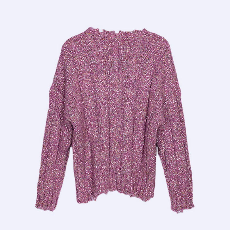 SM-K0037 Vår og høst Rundhals Halskant Rå hakk strikket genser for kvinner SM-K0037 Vår og høst Rundhals Halskant Rå hakk strikket genser for kvinner