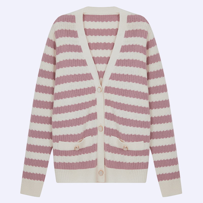ML2204 Rosa og hvit stripete V-hals strikket cardigan genserjakke ML2204 Rosa og hvit stripete V-hals strikket cardigan genserjakke