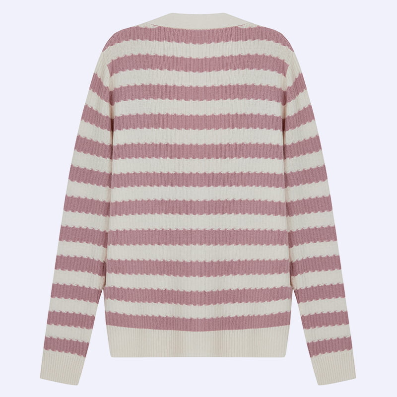 ML2204 Rosa og hvit stripete V-hals strikket cardigan genserjakke ML2204 Rosa og hvit stripete V-hals strikket cardigan genserjakke