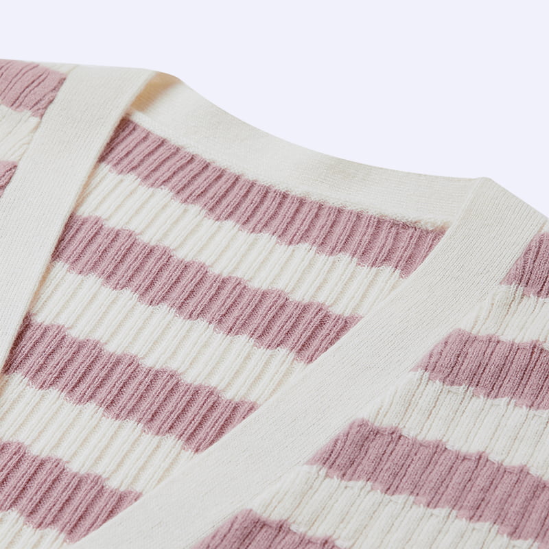 ML2204 Rosa og hvit stripete V-hals strikket cardigan genserjakke ML2204 Rosa og hvit stripete V-hals strikket cardigan genserjakke