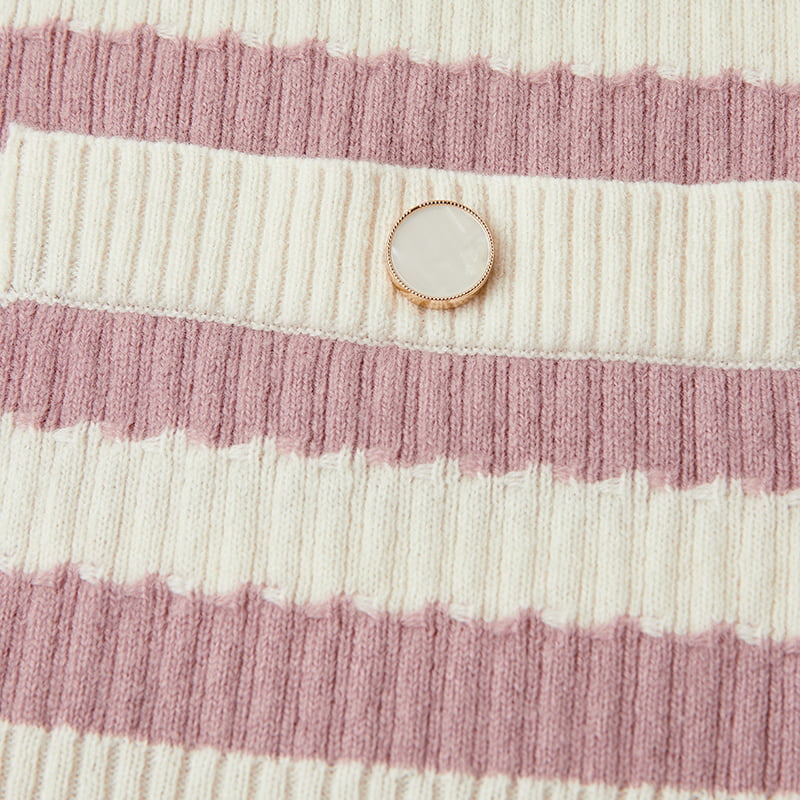 ML2204 Rosa og hvit stripete V-hals strikket cardigan genserjakke ML2204 Rosa og hvit stripete V-hals strikket cardigan genserjakke