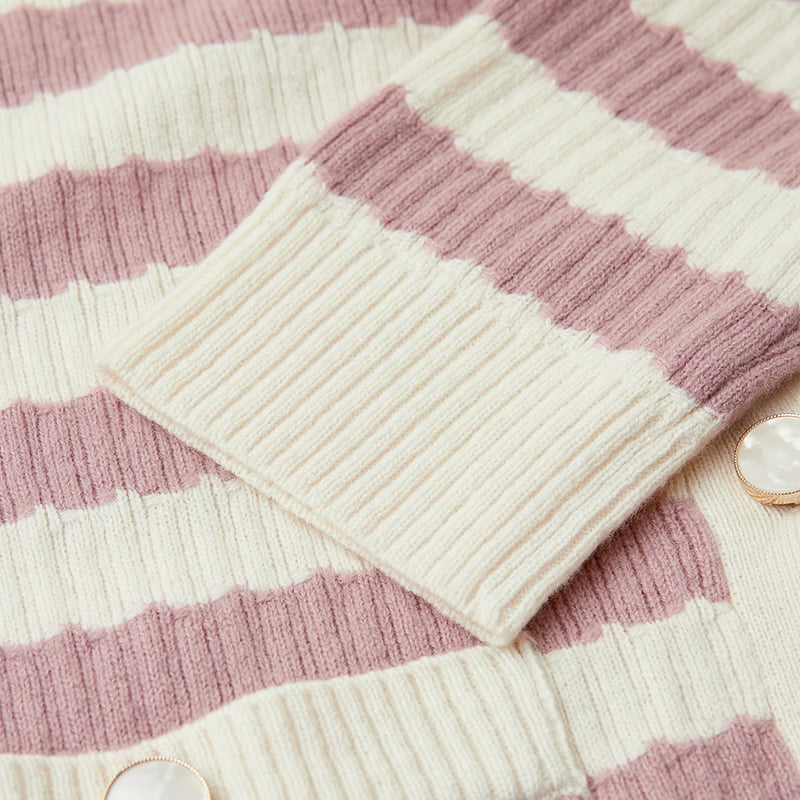 ML2204 Rosa og hvit stripete V-hals strikket cardigan genserjakke ML2204 Rosa og hvit stripete V-hals strikket cardigan genserjakke