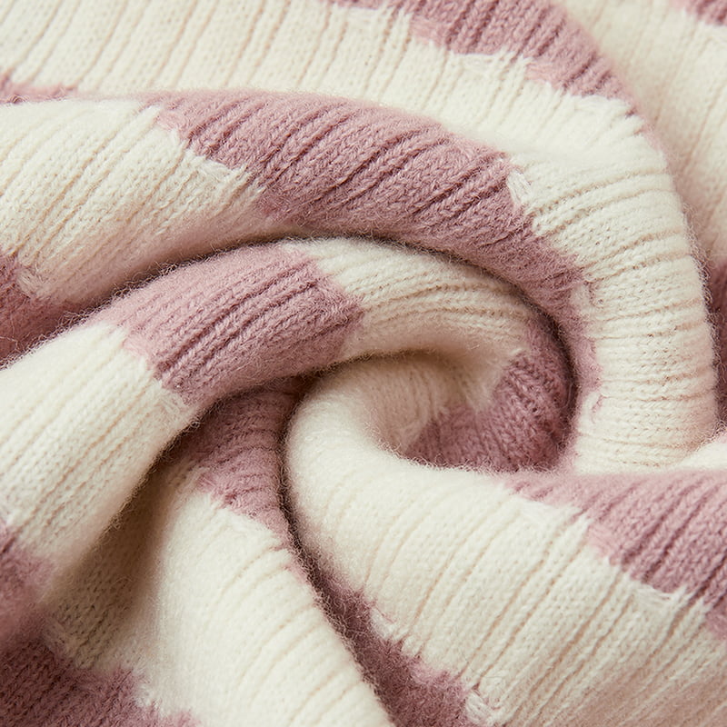 ML2204 Rosa og hvit stripete V-hals strikket cardigan genserjakke ML2204 Rosa og hvit stripete V-hals strikket cardigan genserjakke