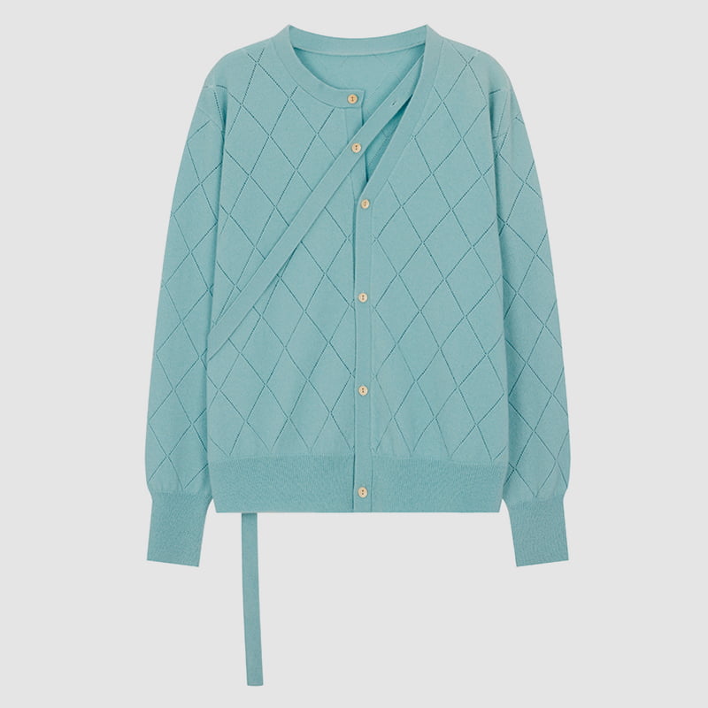 ML2212 Diamond Hollow Neckline Ribbon Design Strikket Cardigan Genser