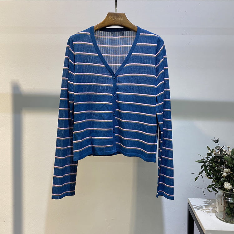 SM-K0001 Sommer yttertøy for kvinner Koreansk lin Stripe Sun Block strikket cardigan
