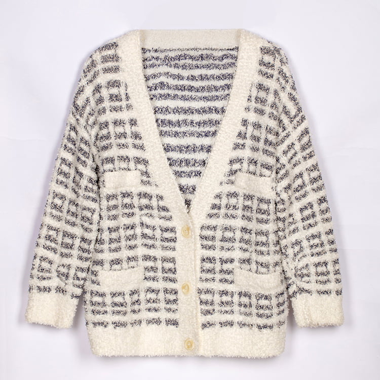 SM-K0041 Svart og hvit pledd liten velduftende mohair strikket cardigan koreansk lat stil