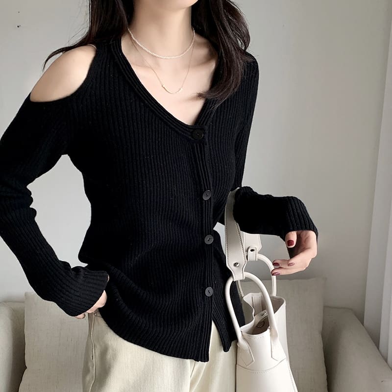 SM-K0022 V-hals off-shoulder slank og nisjedesign Langermet strikket cardigan