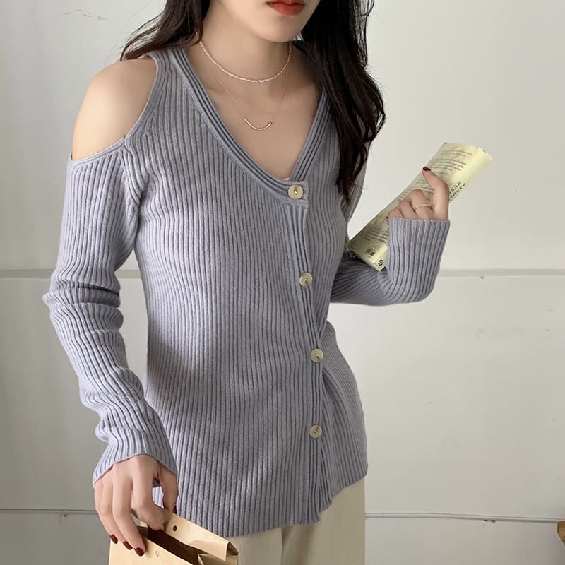 SM-K0022 V-hals off-shoulder slank og nisjedesign Langermet strikket cardigan SM-K0022 V-hals off-shoulder slank og nisjedesign Langermet strikket cardigan