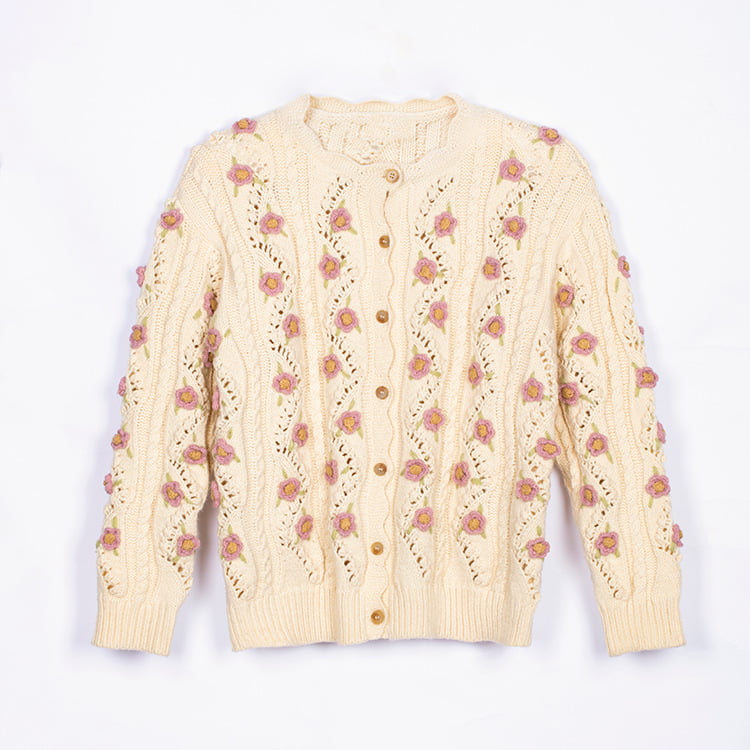 SM-K0008 Løs retro manuell krok Langermet genser strikket cardigan for kvinner