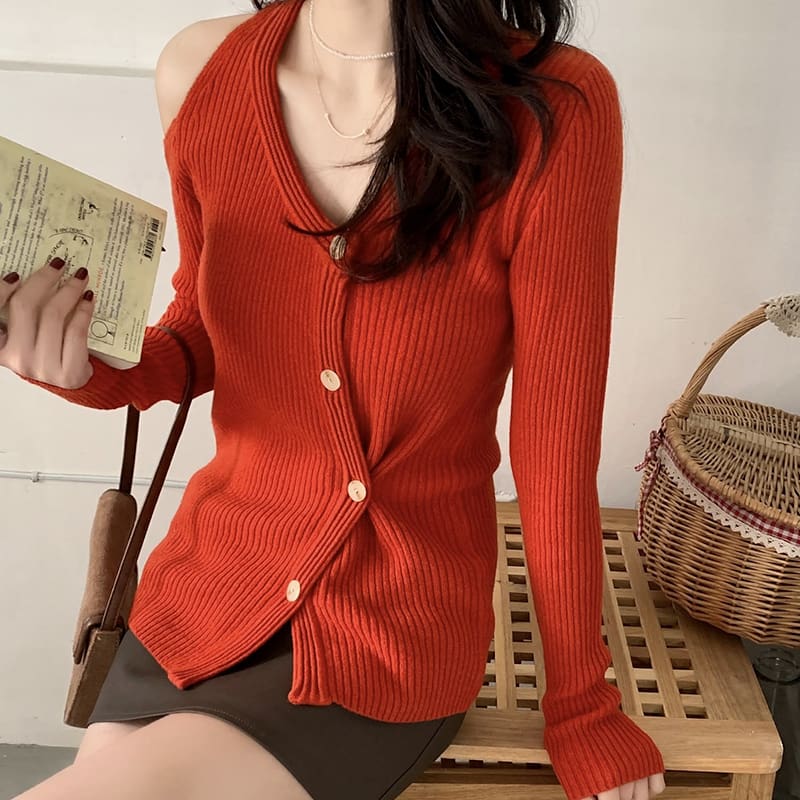 SM-K0022 V-hals off-shoulder slank og nisjedesign Langermet strikket cardigan SM-K0022 V-hals off-shoulder slank og nisjedesign Langermet strikket cardigan