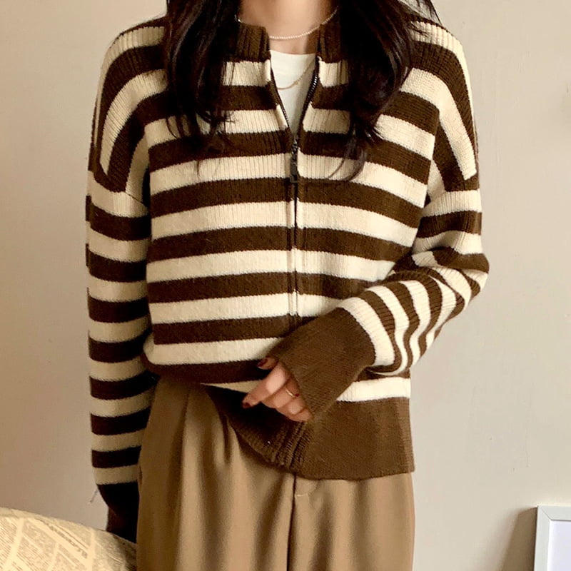 SM-K0029 Våren damegenser med rund hals, stripete genser med glidelås strikket cardigan