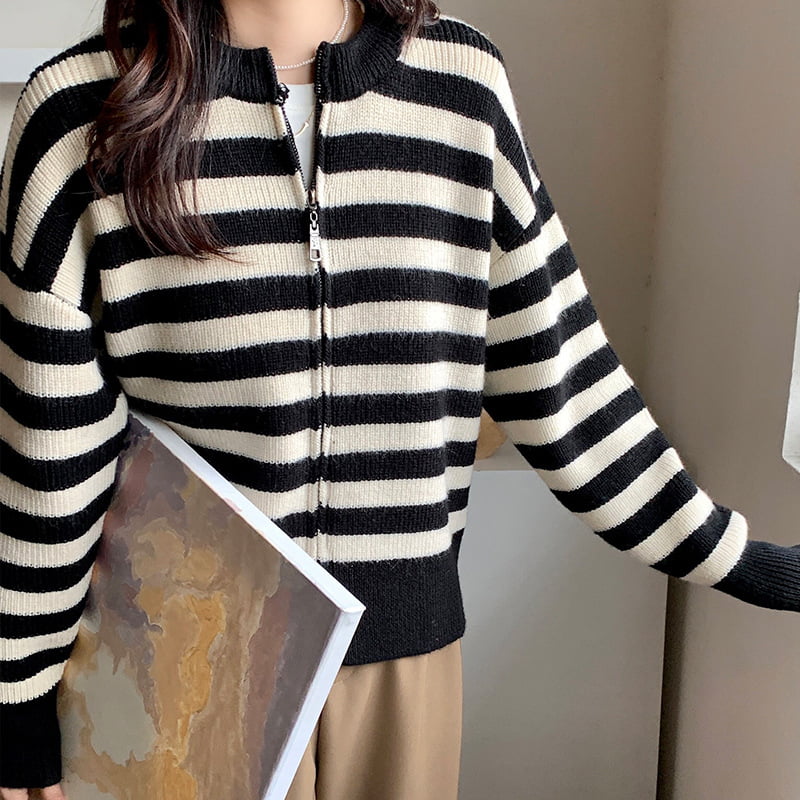 SM-K0029 Våren damegenser med rund hals, stripete genser med glidelås strikket cardigan SM-K0029 Våren damegenser med rund hals, stripete genser med glidelås strikket cardigan