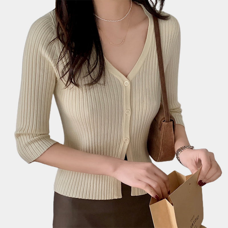 SM-K0023 Våren dame enkelt Breasted V-hals Midlengde ermer Slim Fit strikket cardigan SM-K0023 Våren dame enkelt Breasted V-hals Midlengde ermer Slim Fit strikket cardigan