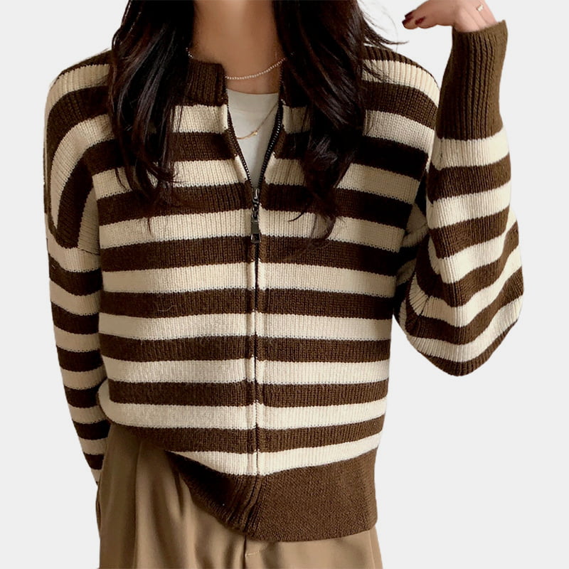 SM-K0029 Våren damegenser med rund hals, stripete genser med glidelås strikket cardigan SM-K0029 Våren damegenser med rund hals, stripete genser med glidelås strikket cardigan