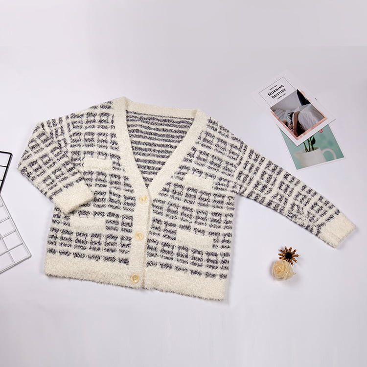 SM-K0041 Svart og hvit pledd liten velduftende mohair strikket cardigan koreansk lat stil SM-K0041 Svart og hvit pledd liten velduftende mohair strikket cardigan koreansk lat stil