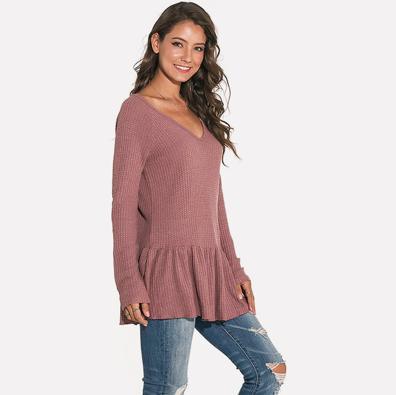 SM-K0096 V-hals volang Lang strikket genser Uformell genser SM-K0096 V-hals volang Lang strikket genser Uformell genser