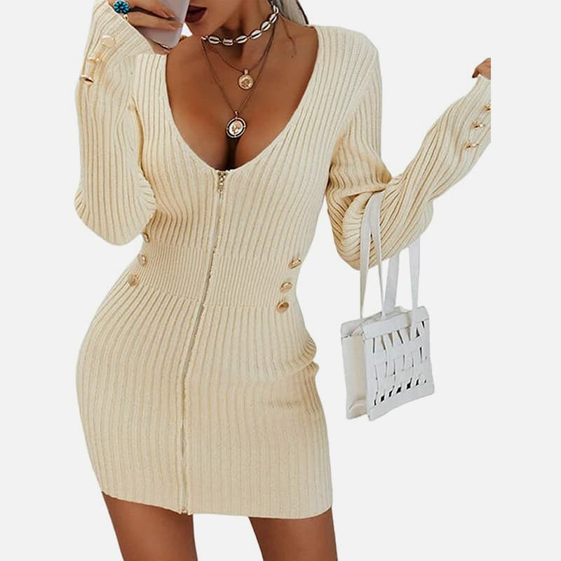 SM-K0078 V-hals langermet glidelås Kort tynn strikket kjole SM-K0078 V-hals langermet glidelås Kort tynn strikket kjole