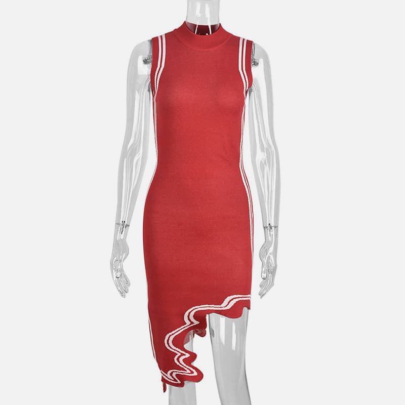 SM-K0079 ermeløs rund hals med uregelmessig stripe asymmetrisk strikket kjole