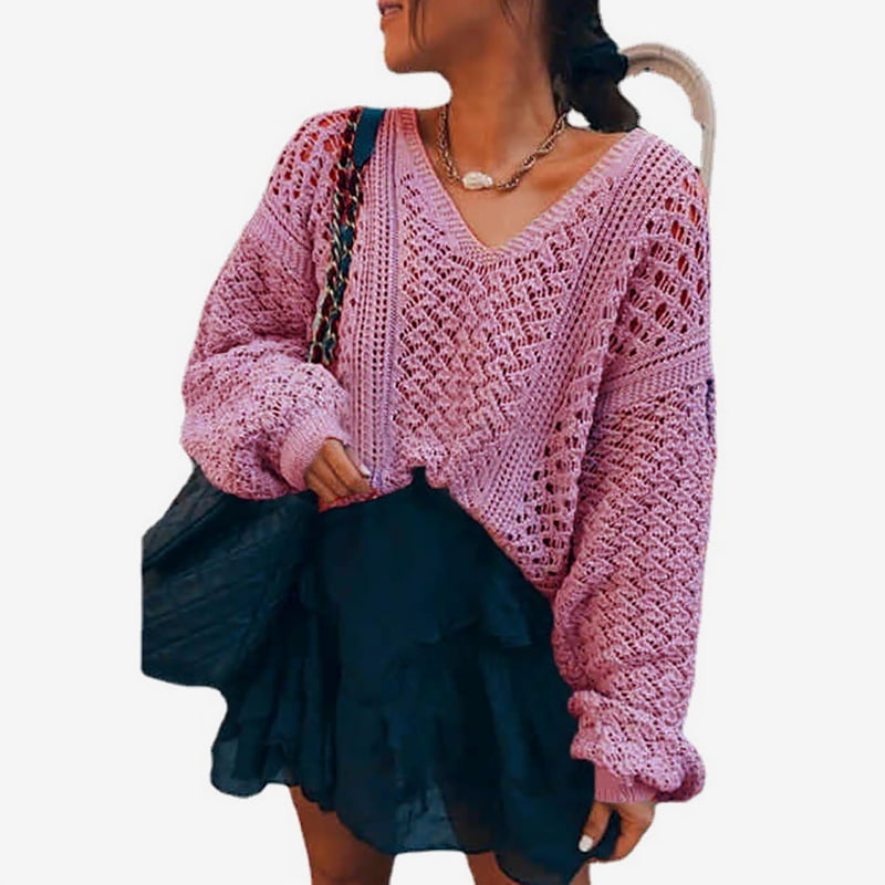 SM-K0082 Ensfarget V-hals Hollow Knit Pullover Genser Strikket Genser SM-K0082 Ensfarget V-hals Hollow Knit Pullover Genser Strikket Genser