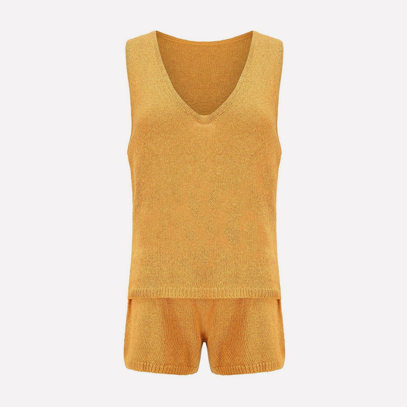 SM-K0102 Ensfarget finstrikket vest og snøringsshorts Uformell strikket dress SM-K0102 Ensfarget finstrikket vest og snøringsshorts Uformell strikket dress