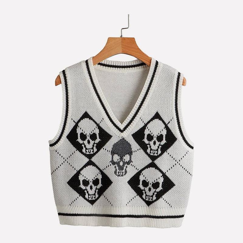 SM-K0062 V-hals Skull Jacquard Short Strikket Vest SM-K0062 V-hals Skull Jacquard Short Strikket Vest