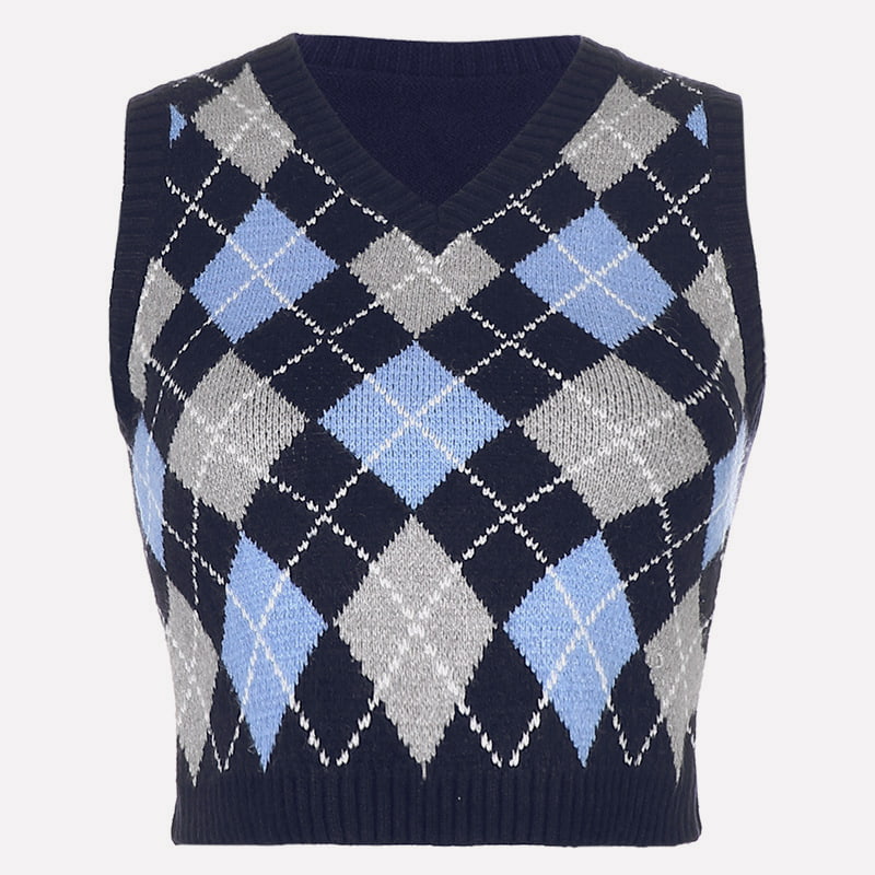 SM-K0058 V-hals kort strikket vest geometrisk rutemønster SM-K0058 V-hals kort strikket vest geometrisk rutemønster