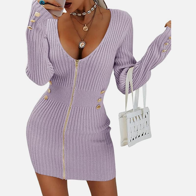 SM-K0078 V-hals langermet glidelås Kort tynn strikket kjole SM-K0078 V-hals langermet glidelås Kort tynn strikket kjole