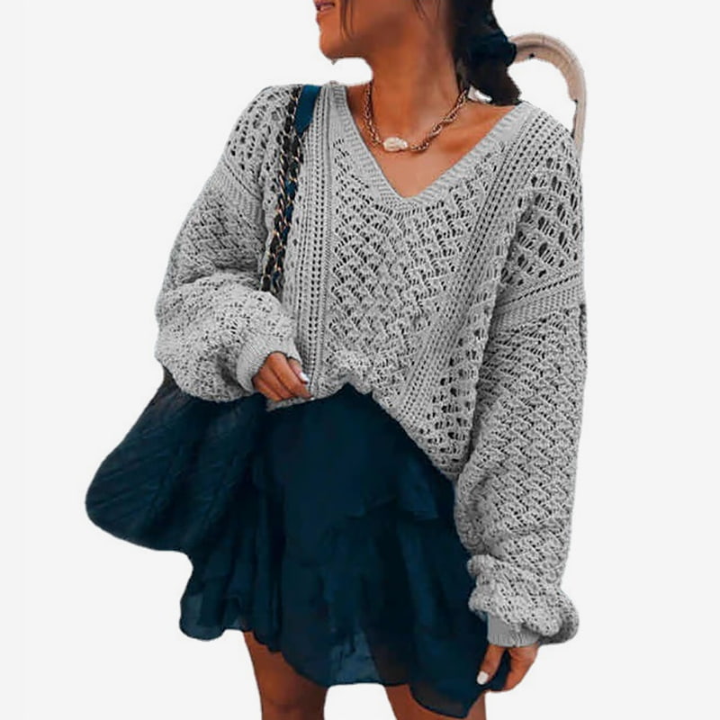 SM-K0082 Ensfarget V-hals Hollow Knit Pullover Genser Strikket Genser SM-K0082 Ensfarget V-hals Hollow Knit Pullover Genser Strikket Genser