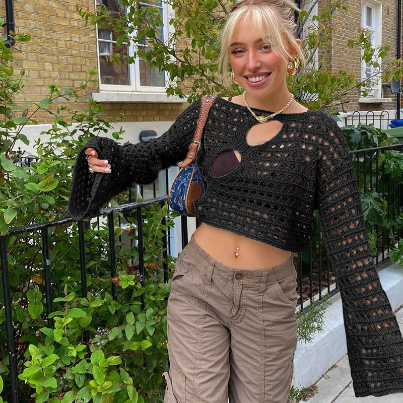 SM-K0084 Uthult hornarmstrikket kort overtøy strikket genser SM-K0084 Uthult hornarmstrikket kort overtøy strikket genser