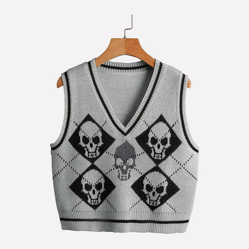 SM-K0062 V-hals Skull Jacquard Short Strikket Vest SM-K0062 V-hals Skull Jacquard Short Strikket Vest