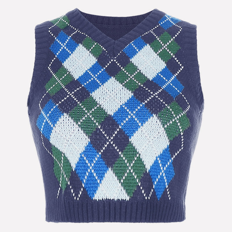 SM-K0058 V-hals kort strikket vest geometrisk rutemønster SM-K0058 V-hals kort strikket vest geometrisk rutemønster