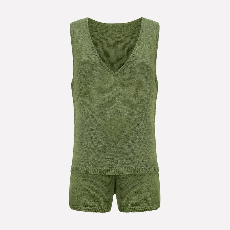 SM-K0102 Ensfarget finstrikket vest og snøringsshorts Uformell strikket dress SM-K0102 Ensfarget finstrikket vest og snøringsshorts Uformell strikket dress