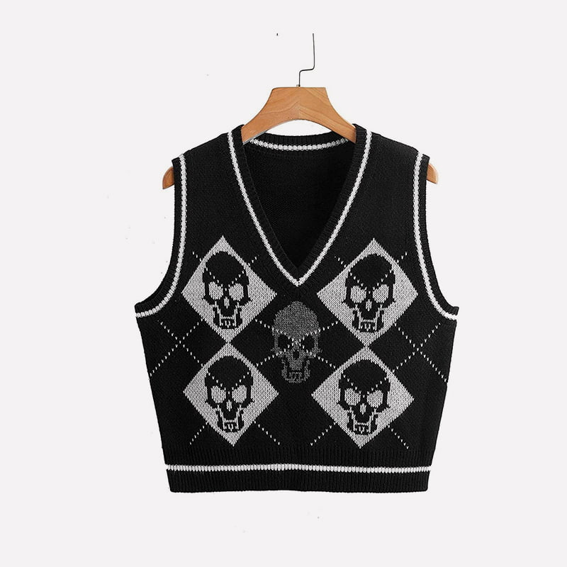 SM-K0062 V-hals Skull Jacquard Short Strikket Vest SM-K0062 V-hals Skull Jacquard Short Strikket Vest