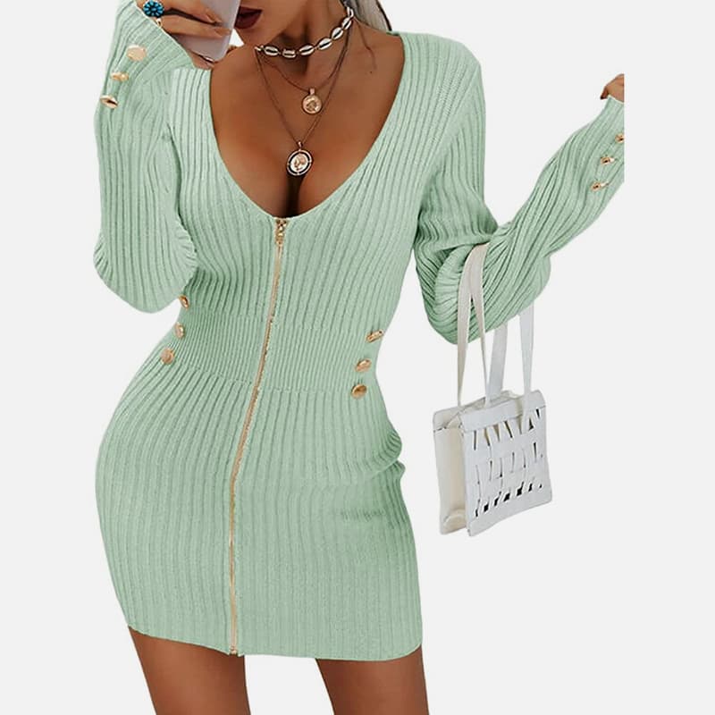 SM-K0078 V-hals langermet glidelås Kort tynn strikket kjole SM-K0078 V-hals langermet glidelås Kort tynn strikket kjole