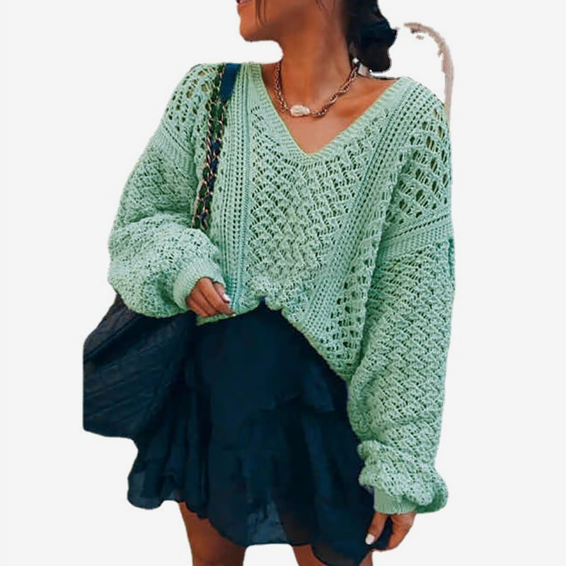 SM-K0082 Ensfarget V-hals Hollow Knit Pullover Genser Strikket Genser SM-K0082 Ensfarget V-hals Hollow Knit Pullover Genser Strikket Genser