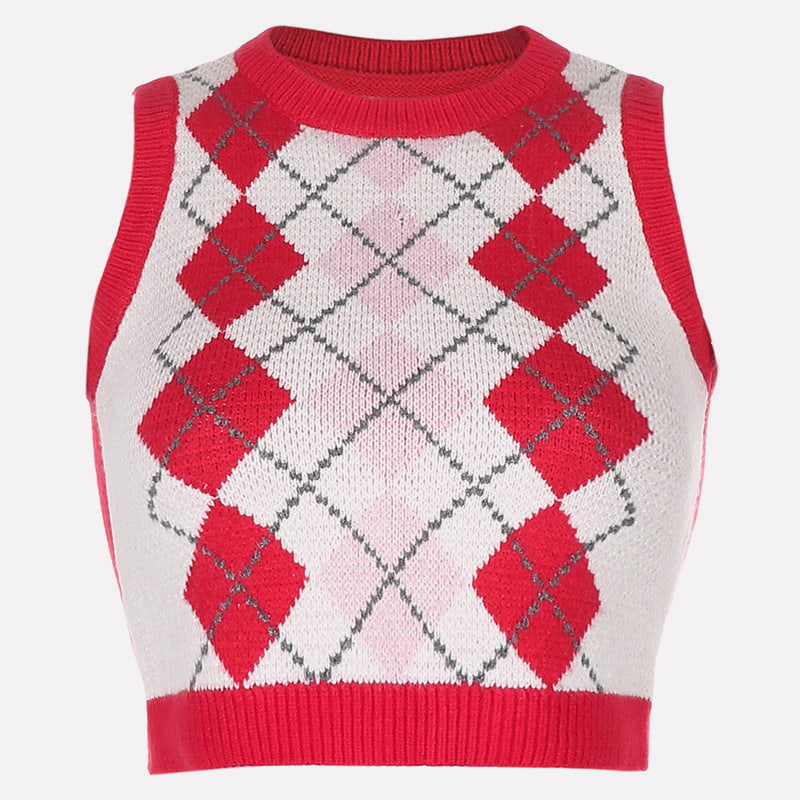 SM-K0058 V-hals kort strikket vest geometrisk rutemønster SM-K0058 V-hals kort strikket vest geometrisk rutemønster