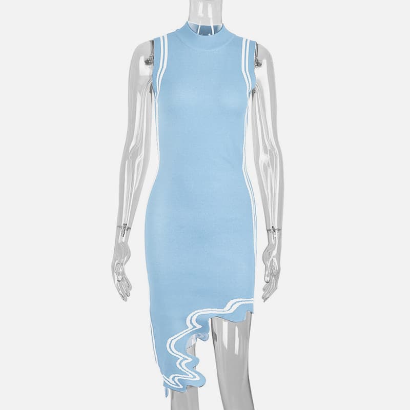 SM-K0079 ermeløs rund hals med uregelmessig stripe asymmetrisk strikket kjole SM-K0079 ermeløs rund hals med uregelmessig stripe asymmetrisk strikket kjole