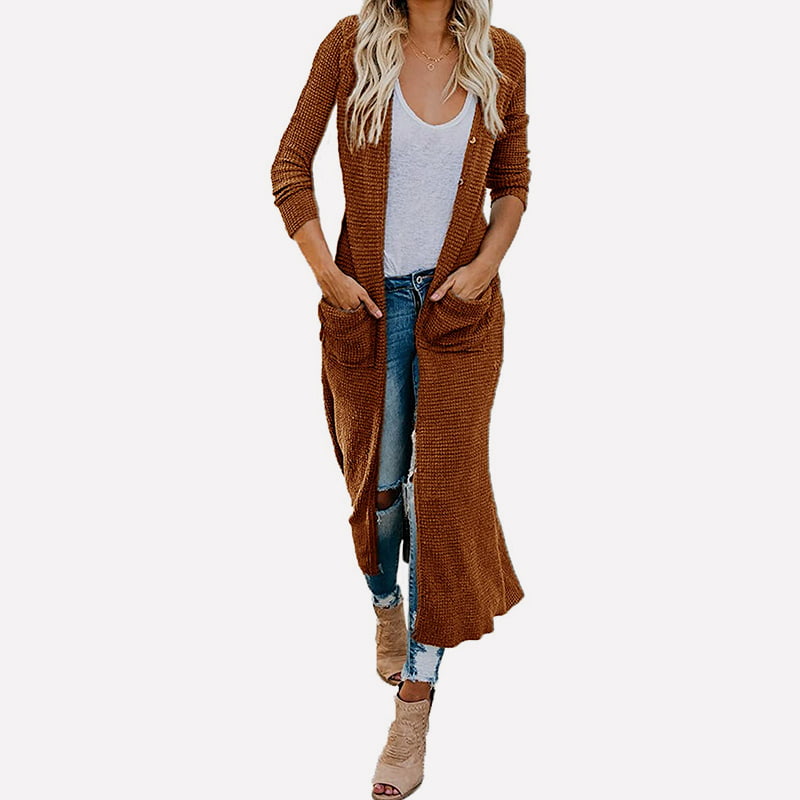 SM-K0074 V-hals Lang Solid Med Lommer Strikket Cardigan Coat SM-K0074 V-hals Lang Solid Med Lommer Strikket Cardigan Coat