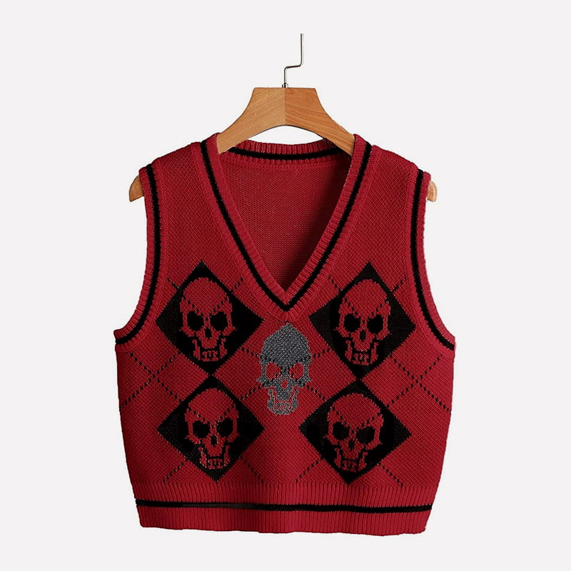 SM-K0062 V-hals Skull Jacquard Short Strikket Vest SM-K0062 V-hals Skull Jacquard Short Strikket Vest